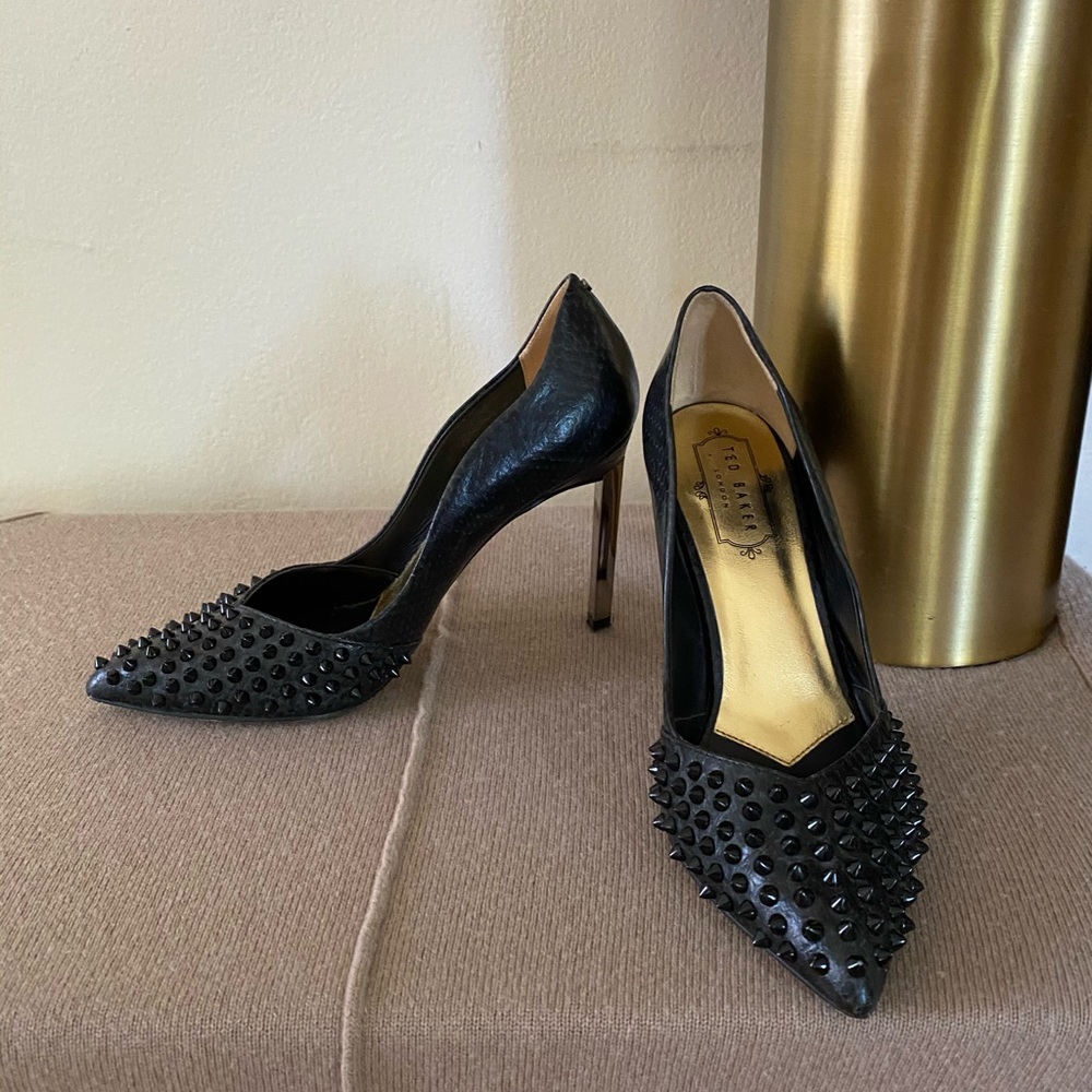 Ted Baker Spiked Pewter Black Leather Heels